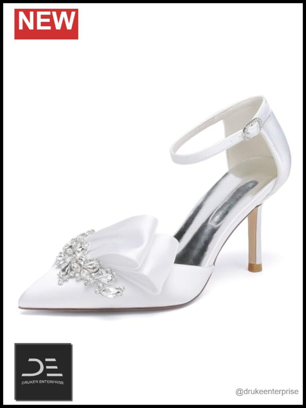 White Satin Bridal Heels Rhinestone Ankle Strap Pointed Toe Pumps